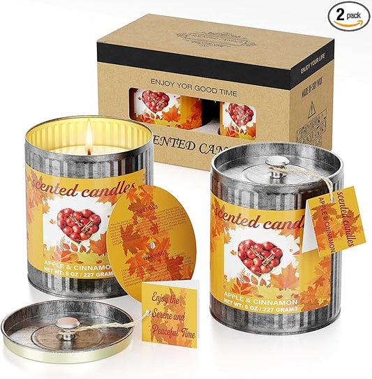 Vintage Scented Candles Gift Set (2 x 8 oz) - Apple & Cinnamon Aromatherapy Candle, Natural Soy Wax Candle, (2 x40) Hours Burn, 8% Fragrance Oil, Holiday Gifts for Home Decor, Relaxation & Christmas