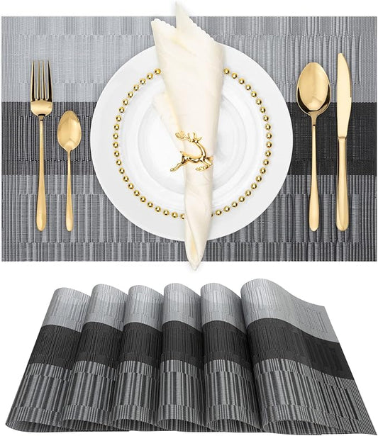 Winknowl Placemats, Set of 6 Heat Resistant Stain Resistant Non-Slip Woven Vinyl Insulation Placemats, Washable Durable Elegant Table Mats for Dining (Black)