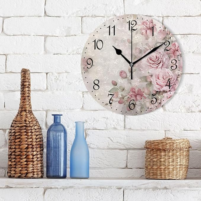 ALAZA Wall Clock Vintage Pink Roses Silent Non-Ticking Decorative Wall Clocks Battery Operated 10 Inch for Home Living Room Kitchen Bathroom Bedroom