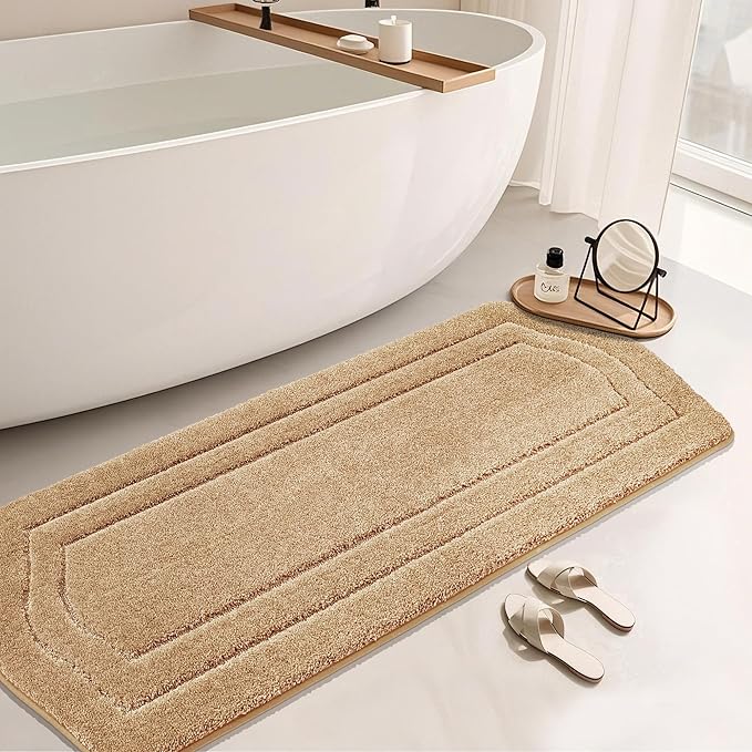 COSY HOMEER Bathroom Rugs Mat 24”x70” Absorbent Non-Slip Bath Mat, Plush Shaggy Bathroom Runner, Machine Washable Large Soft Bath Mats for Bath Floor,Tub and Shower,Beige