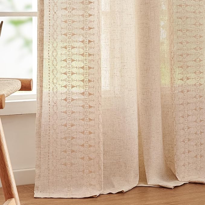 jinchan Boho Curtains for Bedroom Beige Linen Blend Curtains Farmhouse Embroidered Bordered Living Room Drapes 90 Inch Length Bohemian Light Filtering Grommet 2 Panels Ivory on Beige