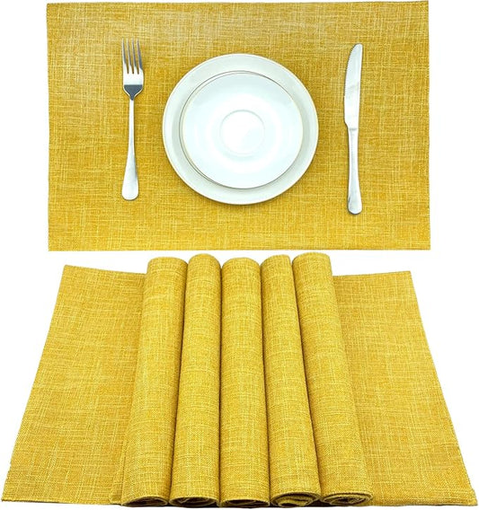 Weabetfu Cloth Placemats Set of 6 Heat Resistant Dining Table Placemmats Cotton Linen Machine Washable Kitchen Table Mats Wrinkle Free Thick Fabric Place Mat,Easy to Clean,13"x19" Yellow