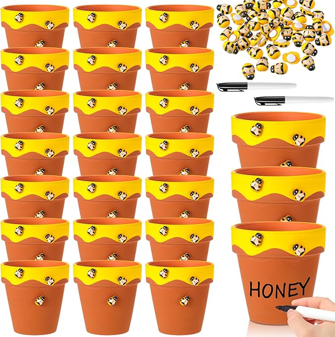 Leinuosen 24 Pcs Honey Bee Pot, 3 Inch Honey Jars for Cupcake, Planter, Bee Themed Party Favors for Baby Shower 1st Birthday Party Supplies and Wedding Gifts (Yellow and Brown)