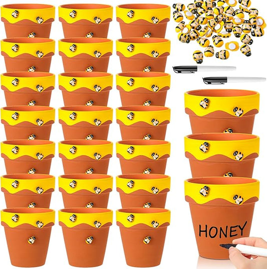 Leinuosen 24 Pcs Honey Bee Pot, 3 Inch Honey Jars for Cupcake, Planter, Bee Themed Party Favors for Baby Shower 1st Birthday Party Supplies and Wedding Gifts (Yellow and Brown)