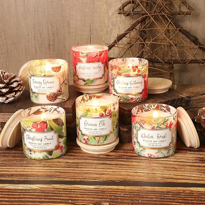 Christmas Scented Pillar Candles, Glass Jar Candles with Wood Lids, 4.5 Oz Natural Soy Wax Candle, Aromatherapy Candles for Home Scented, Candle Gift, SPA, Set of 6