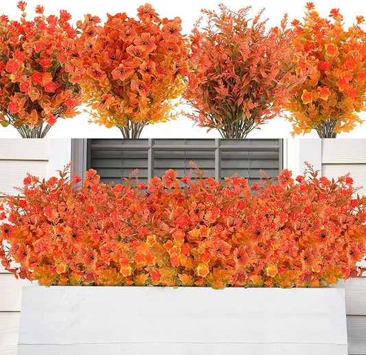AmyHomie 20 Bundles Mix Orange Artificial Fall Flowers for Outdoor Fall Decor UV Resistant Fake Mums No Fade Fake Plastic Plants Garden Porch Window Box Decorating