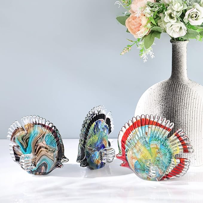 DOVDOV Blown Glass Fish Statues and Sculptures, Green and Glass Fish Modern Art for Coastal Style Home Decor, Shelves Office Fish Tank Bookcase and entryway Table top Coffee Table.