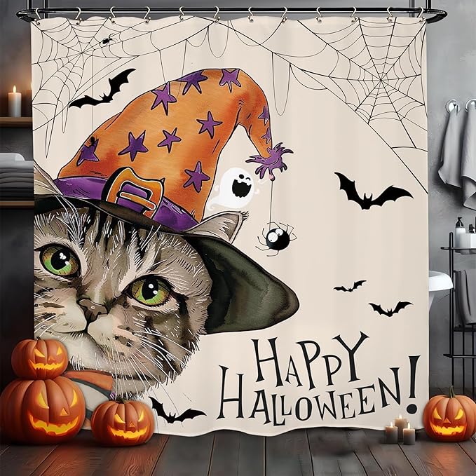 Halloween Cat Funny Shower Curtain 60Wx72L Inch Horror Spooky Scary Witch Bat Spider Animal Holiday Bathroom Set Accessories Decor with 12 Pack Hooks