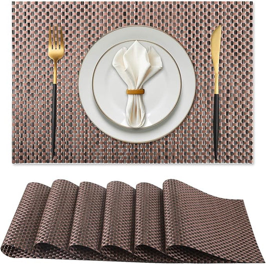 Vinyl Plastic Placemats Set of 6 Washable Heat Resistant Non-Slip Elegant Indoor Outdoor Kitchen Dining PVC Woven Table Place Mats (Black Red Weaving)