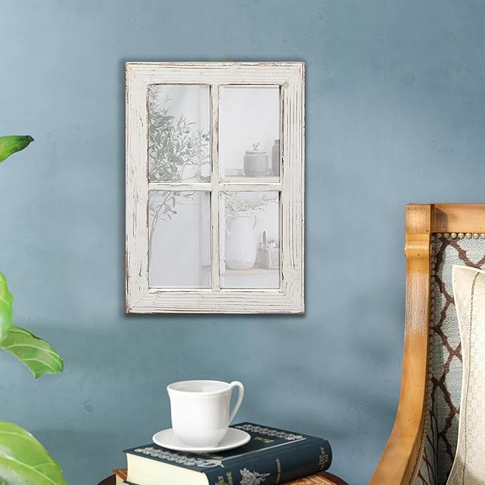 Rustic Small Window Pane Mirror Wall Decor 11 x 16 inches, Hanging Distressed White Farmhouse Rectangle Wood Frame Mirror, Handmade Decorative Window Mirrors for Living Room Christmas