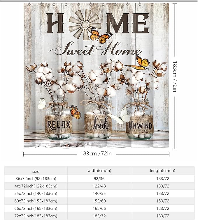 Rustic Farmhouse Shower Curtain Cotton Flowers Shower Curtains for Bathroom Decor Waterproof Polyester Fabric Relax Soak Unwind Floral Bathroom Curtain with Hooks 55x72 Inch