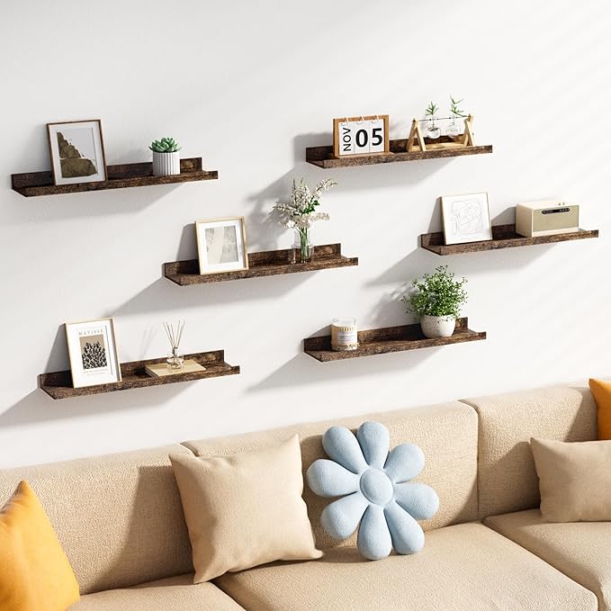 upsimples Floating Shelves for Wall, Wall Shelves for Decor Storage Set of 6, Wall Mounted Wood Shelves for Bedroom, Living Room, Bathroom, Kitchen, 23.6 inch Long Picture Ledge Shelves, Brown