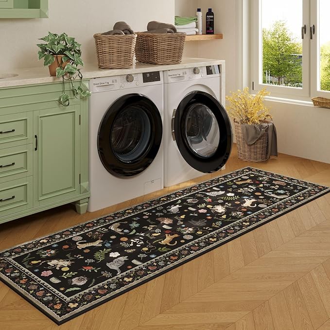 Runner Rug for Kitchen Non Slip 2'6''x8' Washable Rugs with Rubber Backing Soft Floral Animal Cat Carpet Runner for Kitchen Laundry Bedroom Bathroom, Black