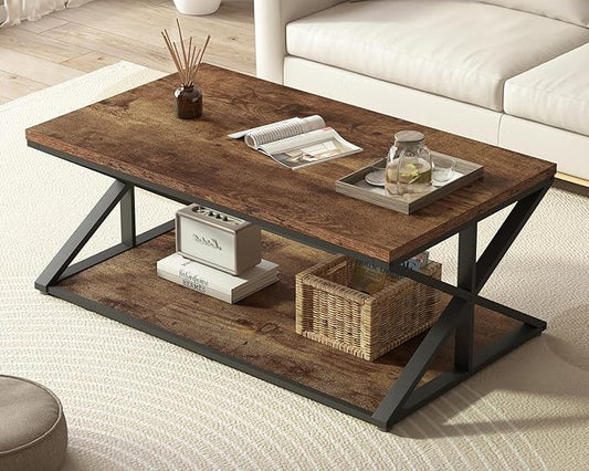 Coffee Table with Storage, Farmhouse Living Room Table, Modern Minimalist Rectangle Center Table, Industrial Vintage Wood Tea Table, 39 Inch, Rustic Brown