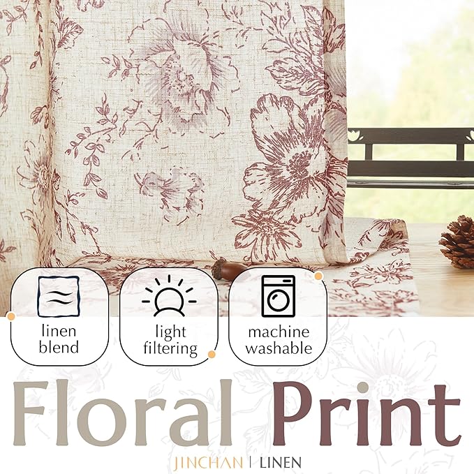 jinchan Linen Blend Curtain Floral Curtains for Living Room 63 Inch Length Brick Red Printed Curtain Rod Pocket Back Tab Farmhouse Peony Flower Patterned Drapes Bedroom Window Curtains Set 2 Panels