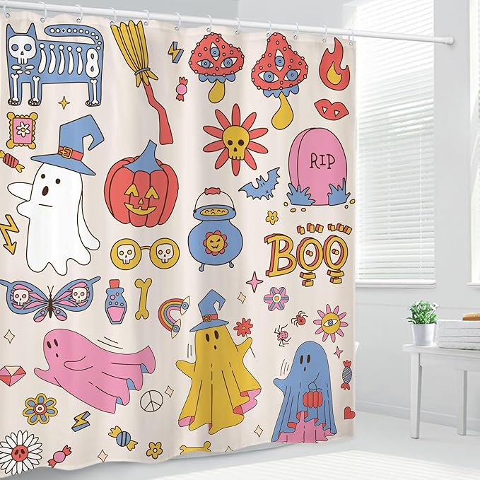 70s 60s Halloween Cute Shower Curtain 60Wx72L Inch Groovy Funky Hippie Kids Retro Child Ghost Pumpkin Mushroom Scary Bathroom Set Accessories Decor Polyester Waterproof with 12 Pack Hooks