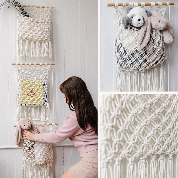 Sasa Macrame Over Door Organizer - 3-Tier Hanging Organizer with Canvas Pouch & Door Hook, Nursery Decor, Kid's Room, Playroom, Dorm, Storage for Stuffed Animals, Plushies, Blankets, Baby Essentials