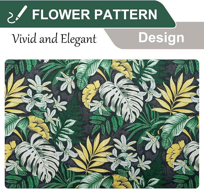 Leeva Black & Green Leaf Print Chenille Curtains 52 x 63 – 2 Panels Light Filtering Farmhouse Window Drapes for Bedroom Living Room