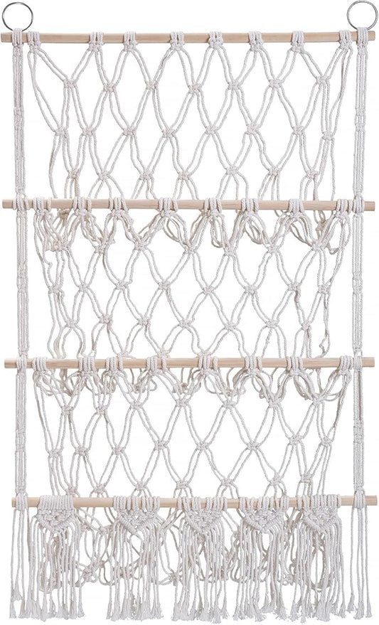 3 Tiers Plush Toy Organizer Hammock with Tassels, Stuffed Animals Net for Kid's, Nursery Boho Net Bag Storage Rack Bookshelf Hammocks Home Decor, 3 Layers, Beige