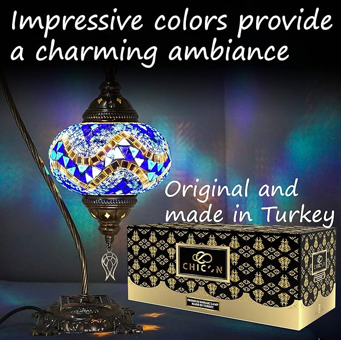 CHICON Handmade Mosaic Turkish Lamp | Genuine Glass Mosaic | A Piece of Art in Unique Lamps | Antique Vintage Lamp | Tiffany Boho Lamp | Moroccan Bohemian Small Table Lamp - SWAN Wave Blue
