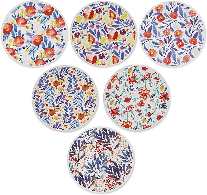 AD Set of 6 Coasters for Drinks Absorbing Round Ceramic Stone Coaster with Cork Base Tabletop Protection Mat for Mugs and Cups,Office,Kitchen (Watercolor Flowers with Rose Gold Holder)