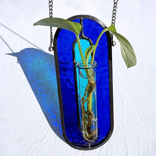 LITMIND Transparent Blue Stained Glass Propagation Station - Handcrafted Suncatcher Hanging Planter with 2 Glass Tubes, Multi-Color Hydroponic Wall Décor for Windows, Home & Garden