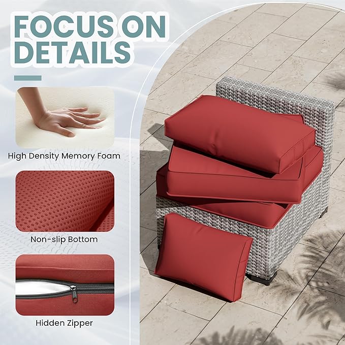 UDPATIO Outdoor Cushions for Patio Furniture with 5 Pillows, Waterproof Patio Furniture Cushions Replacement, 4" Deep Seat Outdoor Sectional Cushion for 4-seat Sofa Couch, Red