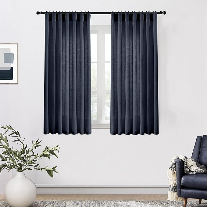XTMYI Navy Blue Short Length Curtains for Windows,Linen Sheer Cutains for Bedroom Kitchen,45 Inch Long