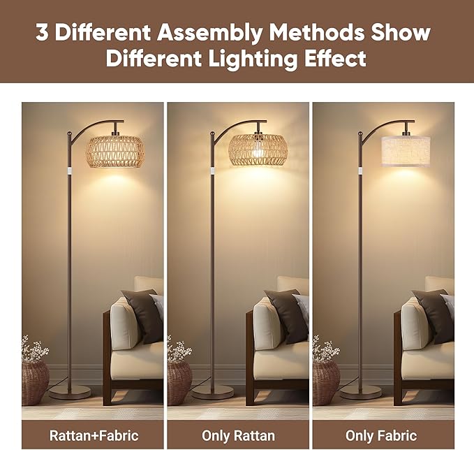 ROTTOGOON Boho Floor Lamp with Dimmable Bulb, Rattan &Linen Double Shades, Boho Standing Tall Lamps with Foot Switch, Brown Bohemian Floor Lamps for Living Room, Bedroom, Office