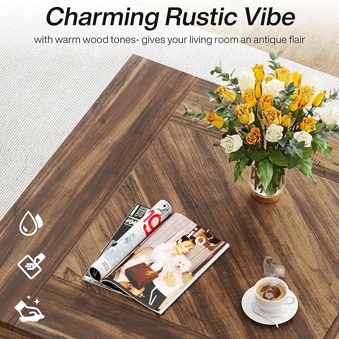 Tribesigns Square Coffee Table, Wood Center Table for Living Room, 31.5" Modern Cocktail Tea Accent Table, Rustic Brown & Black
