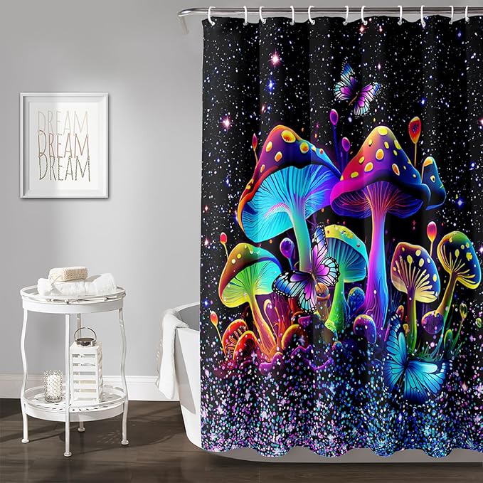 AILONEN Mushroom Shower Curtain for Boys Girls, Cartoon Mushroom Bath Curtain 48" W*72" H Colorful Sky Starry Bathroom Curtain Polyester Waterproof Plant Fungus Bathroom Curtain with 12 Hooks