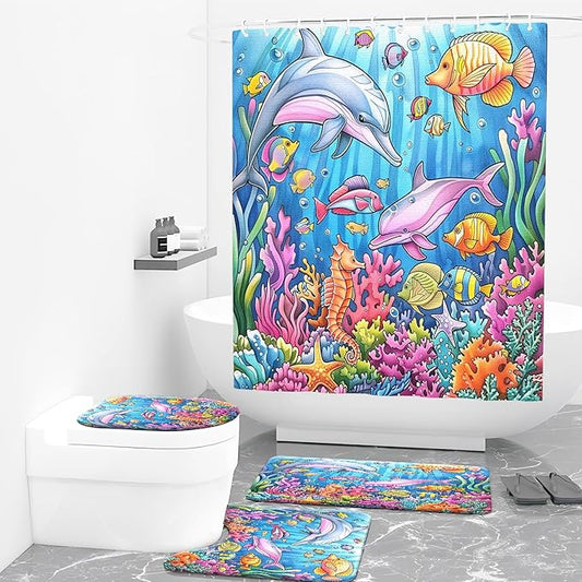 4PCS Fish Shower Curtain Set with 12 Hooks for Bathroom Sets Fish Decor, Non-Slip Rugs and Toilet Mat Lid Rug, Durable Waterproof for Bathroom Ocean Underwater World Fish Decor 72x72 Inch
