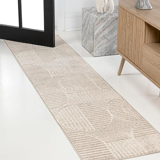 JONATHAN Y SCN104E-28 Nordby High-Low Geometric Arch Scandi Striped Beige/Cream 2 ft. x 8 ft. Indoor/Outdoor Runner Rug for Patio, Backyard, Living Room, Bedroom, Office, Hose-Washable