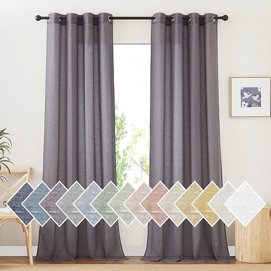 NICETOWN Semi Sheer Brown Purple Curtains for Bedroom, Grommet Linen Sheer Curtains & Drapes Privacy with Light Filtering Elegant & Casual for Girls Room/Living Room, W52 x L108, 2 Panels
