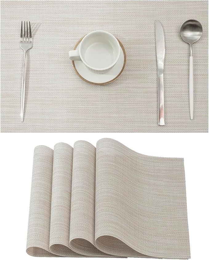 Leetaltree Beige White Placemats Set of 4 - Heat Resistant Non-Slip Place mats for Dining Table, Washable Durable PVC Vinyl Woven Table Mats（Beige White, 4）