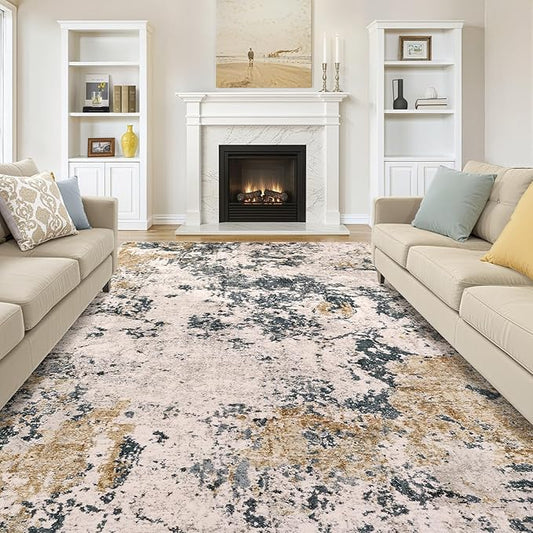 Area Rugs for Living Room: 10x12 Abstract Washable Rug Large Soft Stain Resistant Non-Slip Backing for Bedroom Dining Room Indoor Home Office Carpet for Kids Pet Friendly Families - Grey Gold