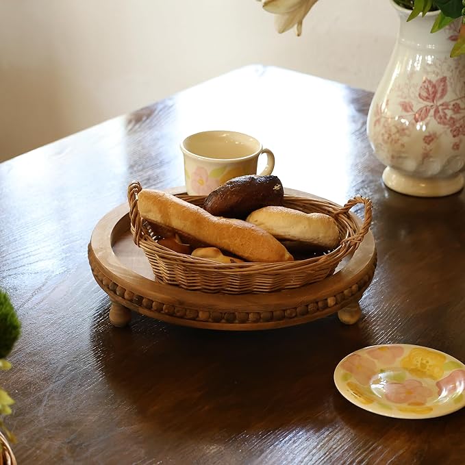 Wooden Tray - Round Beaded Serving Tray for Home Decor, Coffee Table, Kitchen Table, or Farmhouse Decor (Brown)