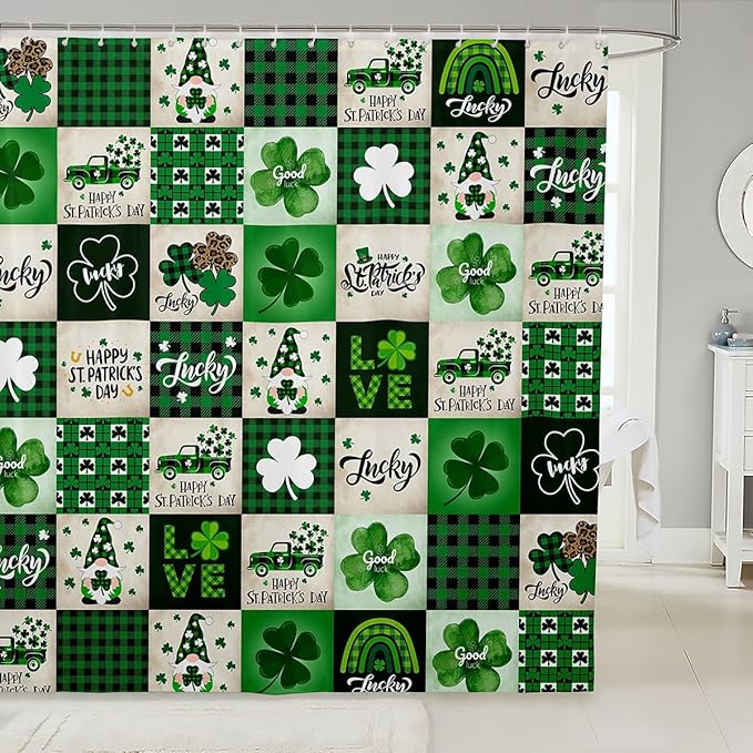 Manfei Happy St. Patrick's Day Kids Shower Curtains,Cartoon Gnomes Leaves Irish Bathroom Curtains for Girls Boys,Geometric Plaids Grids Green Retro Waterproof Curtains,12 Hooks Suits,72" W x 72" L