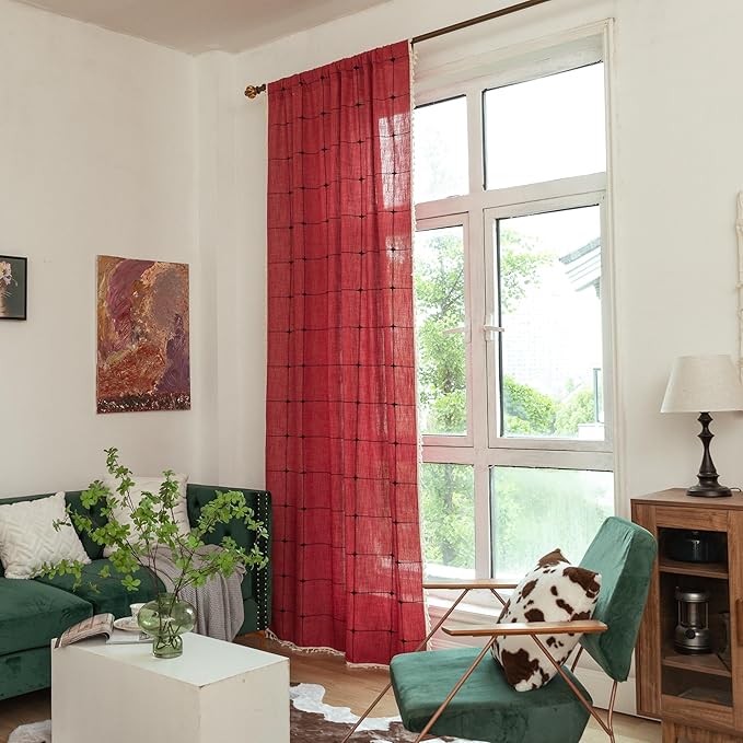 Sutuo Home Boho Curtains for Bedroom 96 Inch Length, Semi Blackout Checkered Linen Farmhouse Vintage Chic Tassels Window Treatment Bohemian Drape for Xmas Decor 1 Panel 52" W x 96" L, Red Plaids