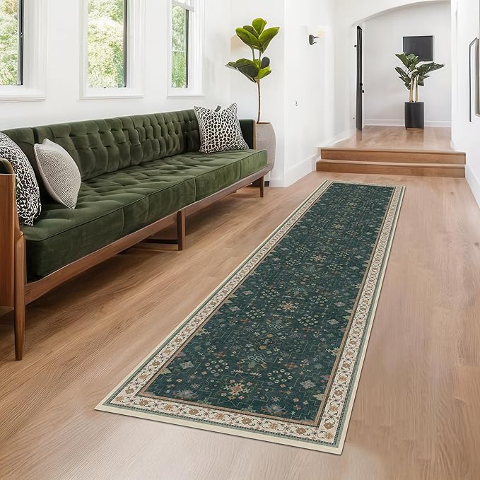 Dark Green Kitchen Rug 10 ft Long - Modern Vintage Boho Unique Floral with Gold Accent, Washable Low Pile Non-Slip Extra Long Wide Runner Rugs for Hallway, 3x10