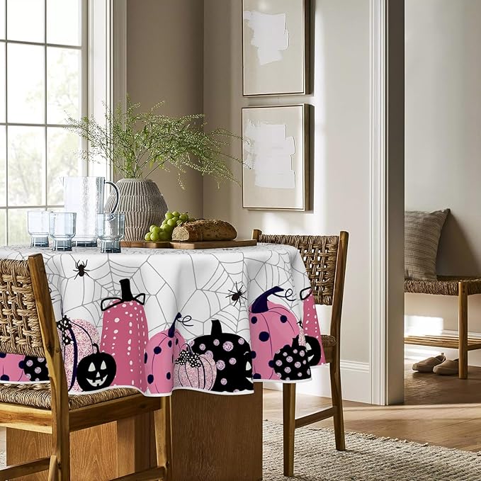 Horaldaily Halloween Tablecloth 70×70 Inch Round, Jack-O-Lantern Pumpkin Cobweb Scary Themed Pink Washable Table Cover for Party Picnic Dinner Decor