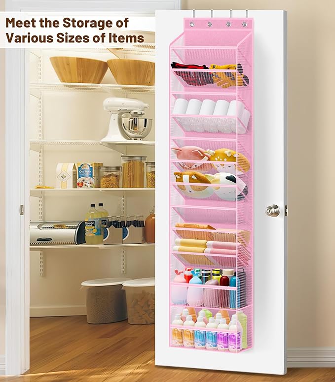 MISSLO 12 Tier Over the Door Shoe Organizer Breathable Mesh Hanging Shoe Rack for Closet Storage Shoe Holder for Door Fit 24 Pairs Sandals, Heels, Boots (Pink)