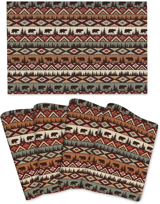 Vintage Rustic Placemats Bear Mountain Dining Table Mats Set of 4 Linen 12x18 Inch for Washable Holiday Party Dining Mat for Outdoor Farmhouse Home Kitchen Decor