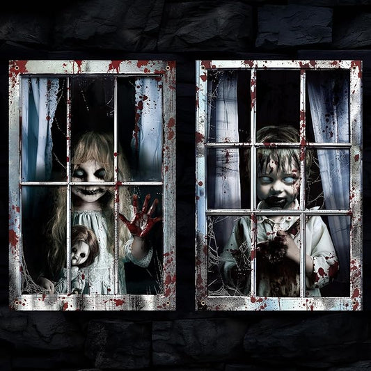 2 Pcs Halloween Boy and Girl Scary Curtain Halloween Window Silhouette Decoration Blood Ghost Window Cover Horror Theme Window Poster for Indoor Outdoor Party Wall Garage Door Decor
