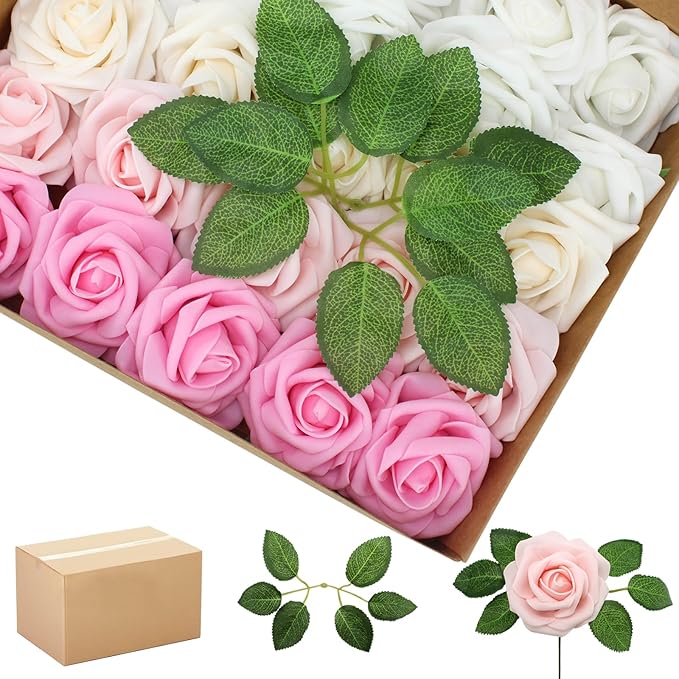200PCS Pink Artificial Flowers Roses Real Looking Foam Fake Roses with Leaves for DIY Wedding Bouquets Bridal Shower Party Decorations (Pink Series, 200)