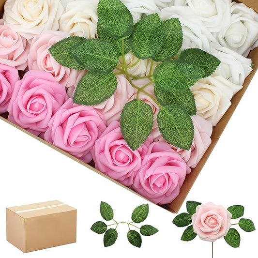 200PCS Pink Artificial Flowers Roses Real Looking Foam Fake Roses with Leaves for DIY Wedding Bouquets Bridal Shower Party Decorations (Pink Series, 200)