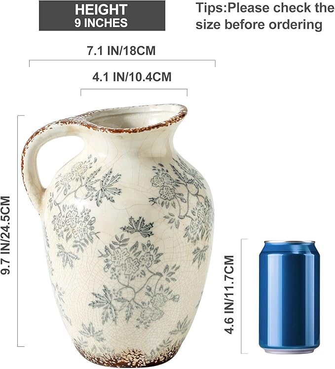 Enra Vintage vase with Handle,Blue and White Ceramic Decorative Flower vase, Chinoiserie Floral Vase,Large Rustic Vases for Home Decors, Living Room, Bookshelf, Office，9.7 inch