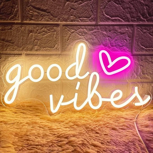 Good Vibes Neon Signs for Wall Decor, Good Vibes Neon Lights 16x8inch, USB Operated Warm White LED Signs for Bedroom, Room, Wall Decor, Birthday Party, Wedding, Salon, Bar, Home, Girl Cave