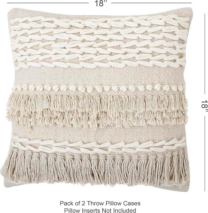 REDEARTH · Tufted Throw Pillow Cushion Covers - Boho Textured Woven Decorative Cases Set for Couch - Sofa - Bed - Farmhouse - Chair - Patio - Outdoor - car - 100% Cotton (18x18 ; Natural) Pack of 2