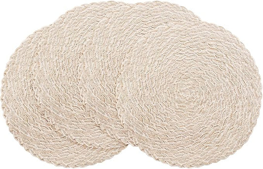 Floroom 15 Inch Round Braided Placemats Set of 4, Washable Heat Resistant Cotton Polyester Circle Boho Place Mats for Kitchen Dining Table - Canvas Beige